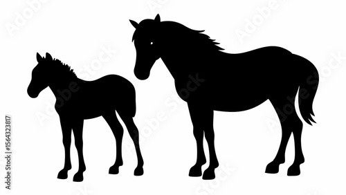 Silhouette illustration of a mare and foal standing side by side in a white background scene image | editable eps vectors