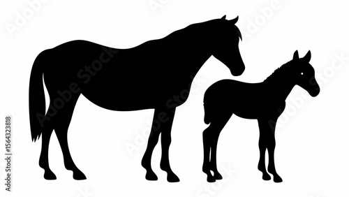 Silhouette of a mare and foal standing side by side in a simple black and white illustration style image | editable eps vectors