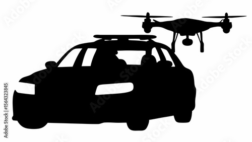 Silhouette of a police car with a drone hovering above it in a black and white illustration | editable eps vectors