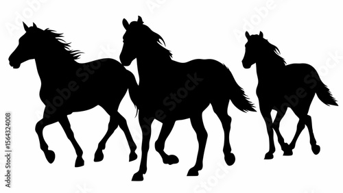 Three horses galloping in silhouette against a white background in a dynamic and powerful composition | editable eps vectors