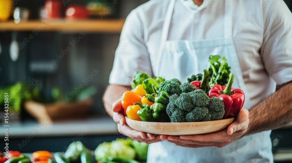 A chef in a white apron holding a bowl of fresh vegetables in a kitchen. A chef in a white apron holding a bowl of fresh vegetables in a kitchen.