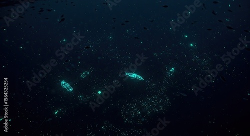 Deep sea bioluminescence. Schools of small fish