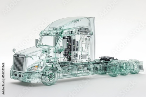Transparent cutaway of a semi-truck revealing its internal components and mechanics.