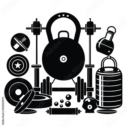 A comprehensive collection of black and white fitness equipment icons including weights kettlebells barbells and strength training accessories ideal for health and wellness themes