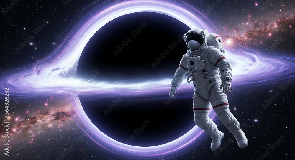 Fototapeta premium Astronaut floating near a black hole in the expansive and mysterious universe