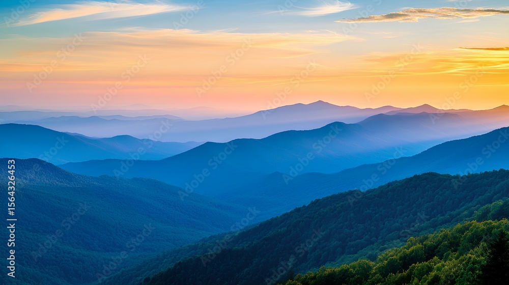 Majestic Mountainscape: A breathtaking vista of rolling mountain ranges, their peaks subtly fading into the distant horizon, under a vibrant sky painted with hues of gold and blue. Majestic Mountainscape: A breathtaking vista of rolling mountain ranges, their peaks subtly fading into the distant horizon, under a vibrant sky painted with hues of gold and blue.