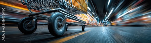 Wallpaper Mural A dynamic close-up shot of a shopping cart wheel in motion, speeding through a brightly lit urban environment with motion blur effects. Torontodigital.ca