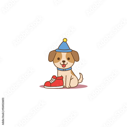 An icon of a cute cartoon puppy wearing a blue party hat and with a red shoe on its head, symbolizing playfulness, mischief, and a humorous moment.