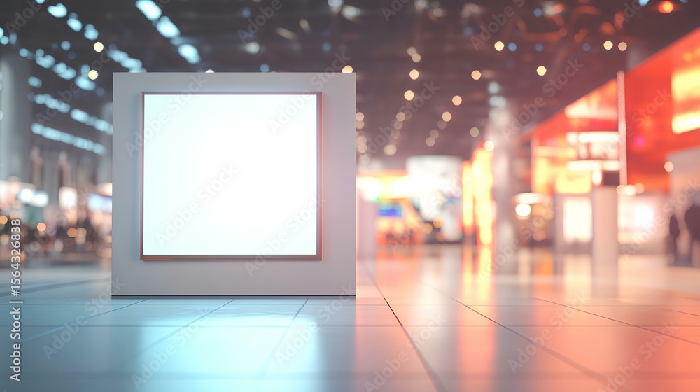 Empty Display: A blank canvas in a modern exhibition space. A square display box is centered, ready for your message in the bustling atmosphere of a contemporary setting, lit by vibrant neon lights. Empty Display: A blank canvas in a modern exhibition space. A square display box is centered, ready for your message in the bustling atmosphere of a contemporary setting, lit by vibrant neon lights.