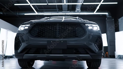 Front View Of A Sleek Black Suv Under Bright Studio Lights Showcasing Its Bold Grille And Headlights In Modern Setting