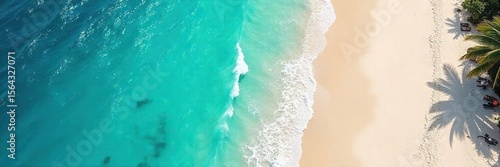 Serene Aerial View of Turquoise Ocean Waves Gently Lapping Pristine White Sand Beach Heavenly Seascape Perfect for Travel, Vacation, and Relaxation Themes