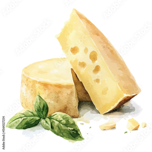 My Watercolor illustration with parmesan cheese sliced with basil painting isolated on a white background, illustration, AI painting design, vector set, eps format, My illustration design