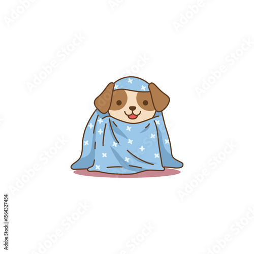 An icon of a cute cartoon puppy wrapped snugly in a blue blanket, symbolizing coziness, comfort, and warmth.