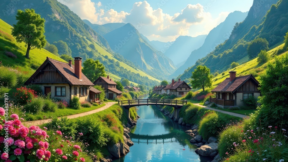 Fototapeta premium Idyllic mountain village nestled in a verdant valley, showcasing charming houses, a quaint wooden bridge spanning a serene river, and vibrant floral displays along a picturesque pathway.