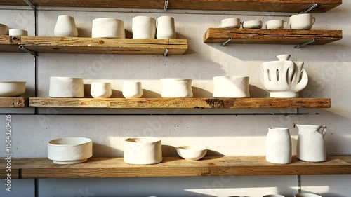 Wallpaper Mural A collection of handmade ceramic pottery displayed on wooden shelves in a bright studio Torontodigital.ca