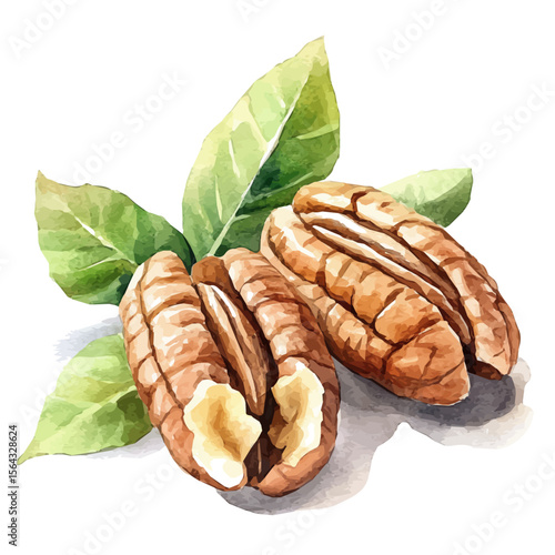 My Watercolor illustration with pecan branch and leaves painting isolated on a white background, illustration, AI painting design, vector set, eps format, My illustration design