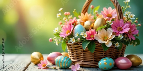 A delightful wicker basket overflowing with vibrant spring flowers and delicately decorated eggs, creating a festive and cheerful springtime arrangement.