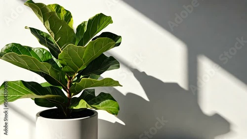 A potted fiddle leaf fig plant basking in sunlight, casting shadows on a minimalist wall