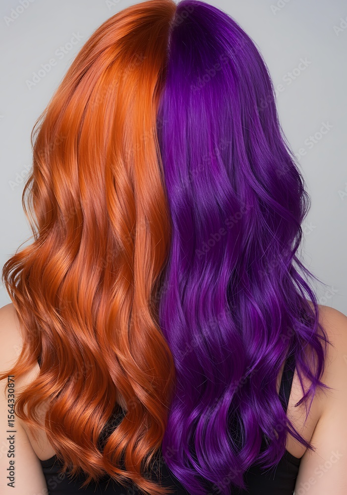Fototapeta premium long hair style of a woman. woman with two tone wavy hair with orange and purple split dye hair or half-and-half hair. unique and bold hairstyle.