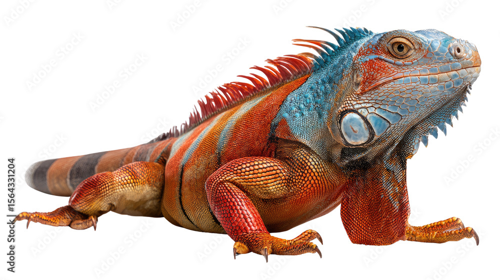 Obraz premium Iguana's Colorful Display: A vibrant and majestic iguana showcases its striking hues and detailed textures, a visual feast for wildlife enthusiasts.