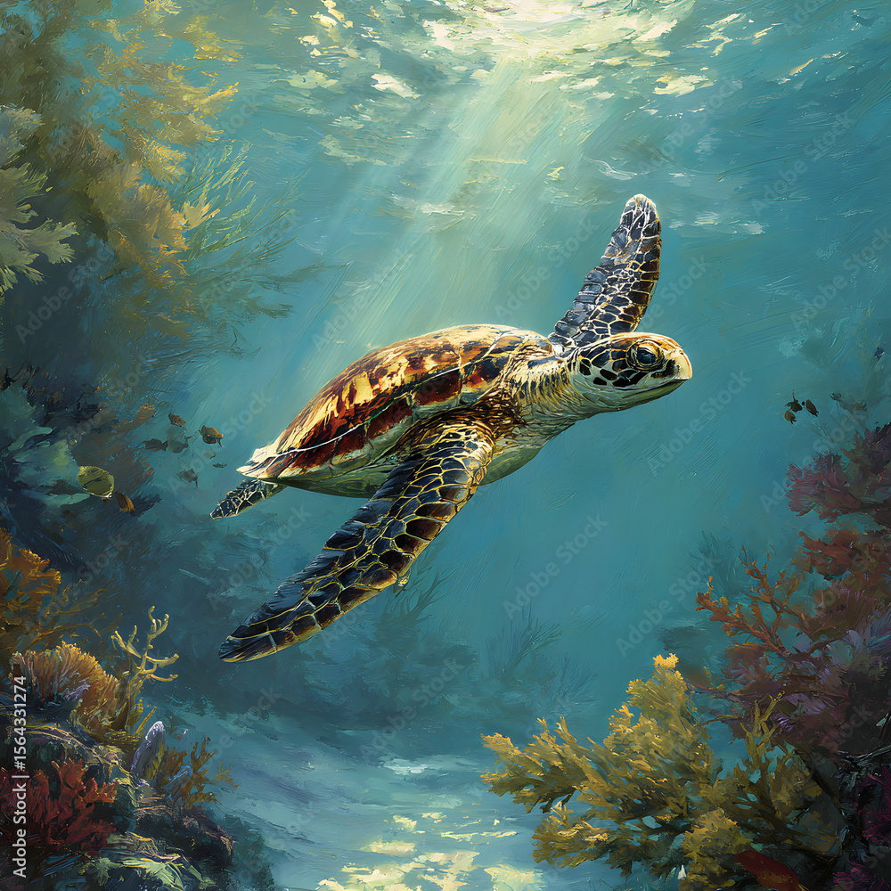 Obraz premium Graceful Marine Turtle Gliding Through Serene Ocean Waters in a Captivating Underwater Scene