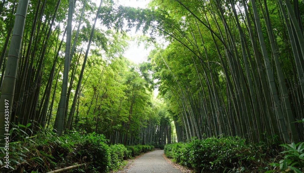 Obraz premium Scenic path through lush green bamboo forest with tall trees and natural canopy, tranquil nature landscape