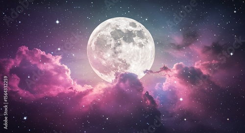 Majestic Full Moon in a Cosmic Nightscape Pink Nebula Clouds and Sparkling Stars