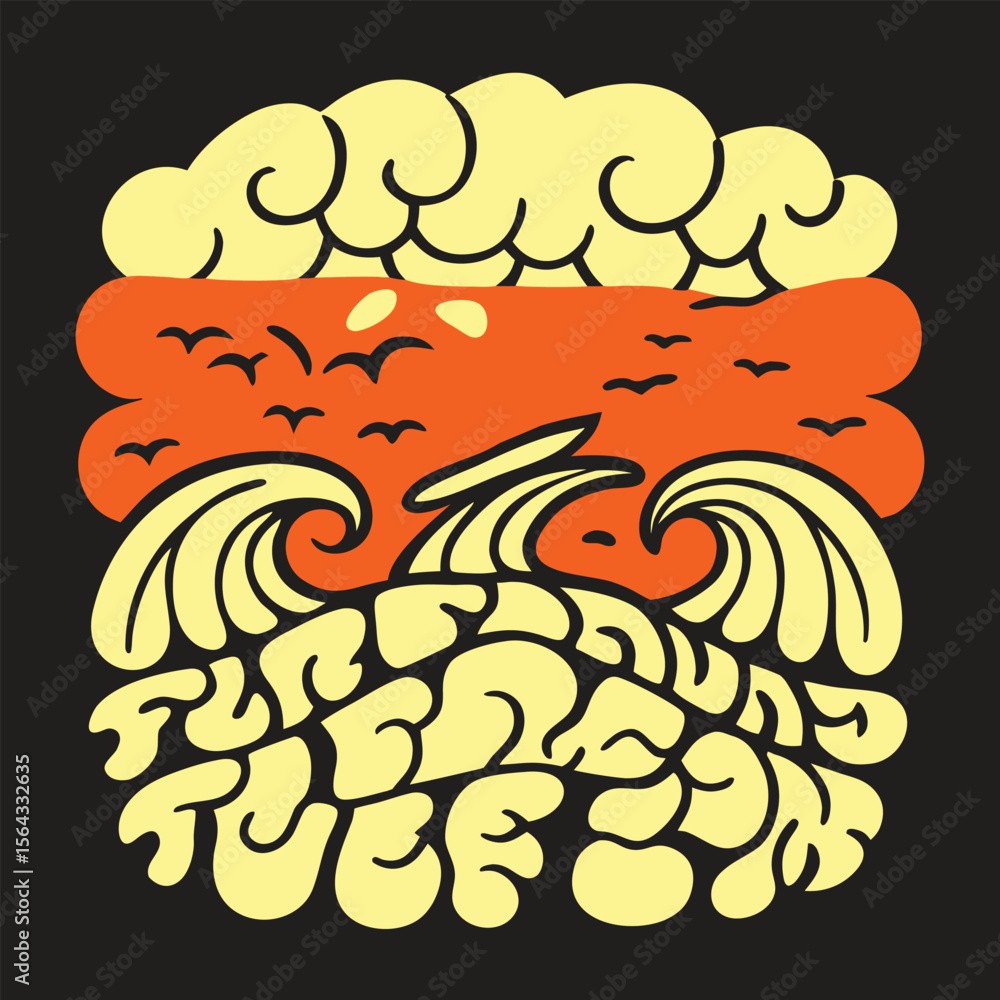 Obraz premium Retro illustration of a sunset over the ocean with stylized waves and birds flying above, evoking a vintage surf vibe