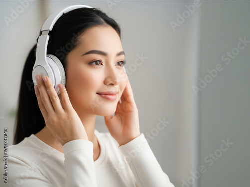 a long-haired Asian woman is listening to music using a headset