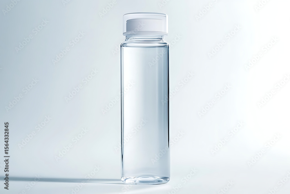 Stylish clear glass bottle filled with liquid stands against a soft background creating a clean, minimalist aesthetic for health, wellness, or pharmaceutical concepts. Stylish clear glass bottle filled with liquid stands against a soft background creating a clean, minimalist aesthetic for health, wellness, or pharmaceutical concepts.