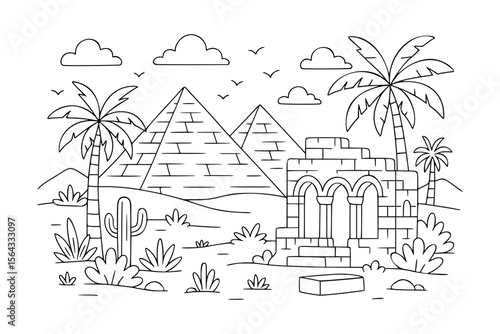 Ancient Egypt Desert Scene Line Art for Coloring Book