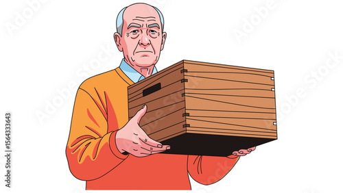 Mature Man Holding Wooden Box Cartoon Vector Illustration for Creative Use