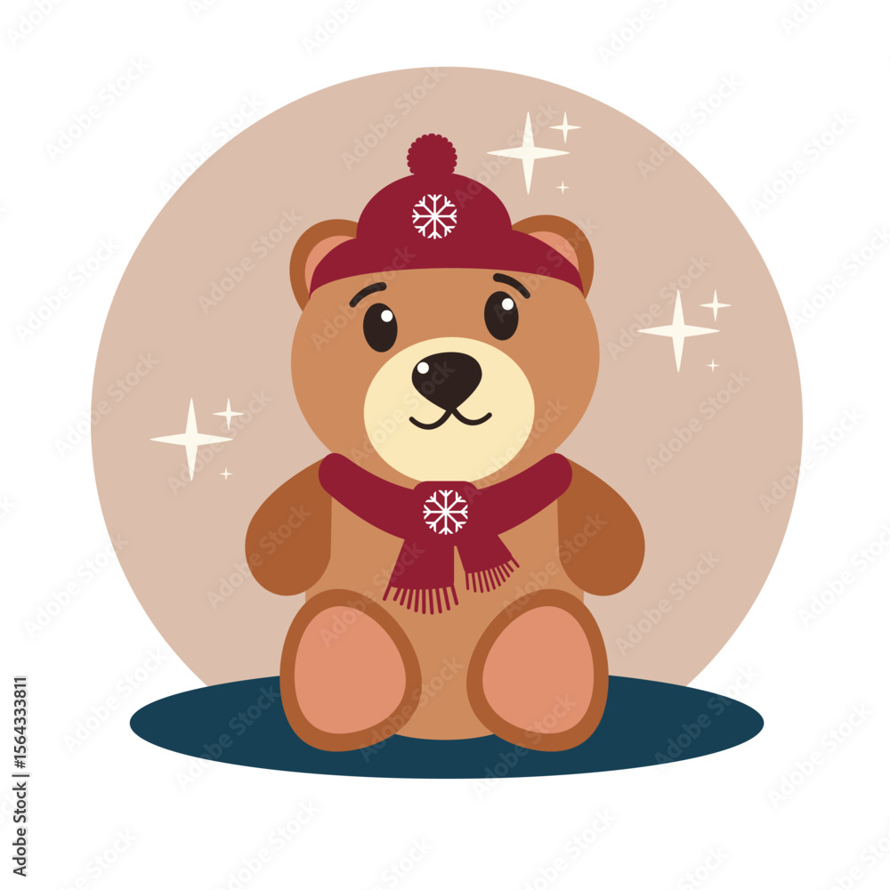 Obraz premium Teddy bear wearing warm hat and scarf decorated with snowflakes