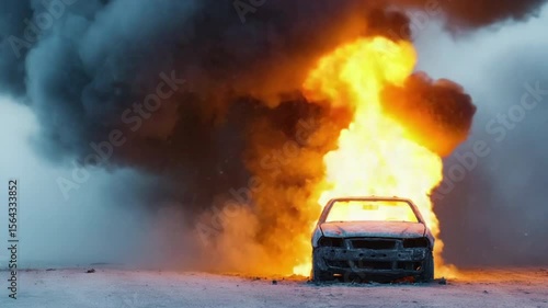 A car engulfed in flames emits thick black smoke, surrounded by dense fog or dust in a desolate.