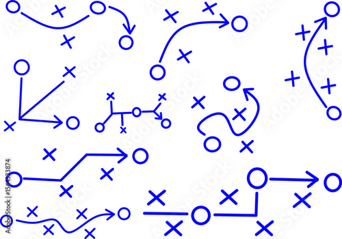 Set of blue line icons showing sports strategy diagrams with arrows, circles, and X marks. Ideal for coaching, game planning, tactics, and sports presentations.