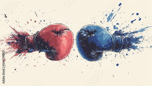 Red and blue boxing gloves colliding with paint splatters.