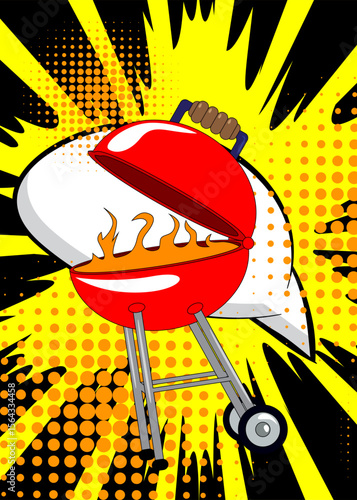 Cartoon burning wood in barbeque grill, comic book Cooking. Retro vector comics pop art design.