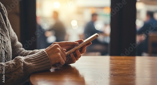 Woman using smartphone at cafe, close-up view of hands