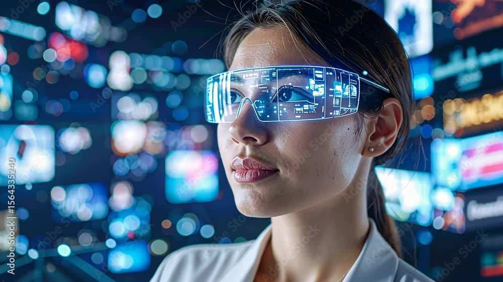 Woman Wearing Futuristic Glasses In Front Of Many Screens Woman Wearing Futuristic Glasses In Front Of Many Screens