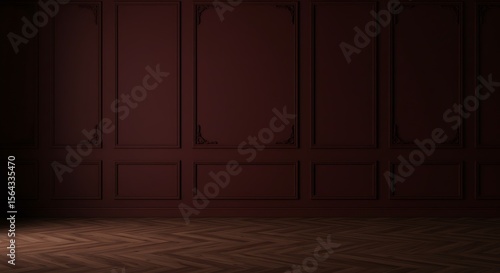 Fototapeta Naklejka Na Ścianę i Meble -  Classic luxury dark red empty interior with wall molding panels and wooden floor. Modern maroon background