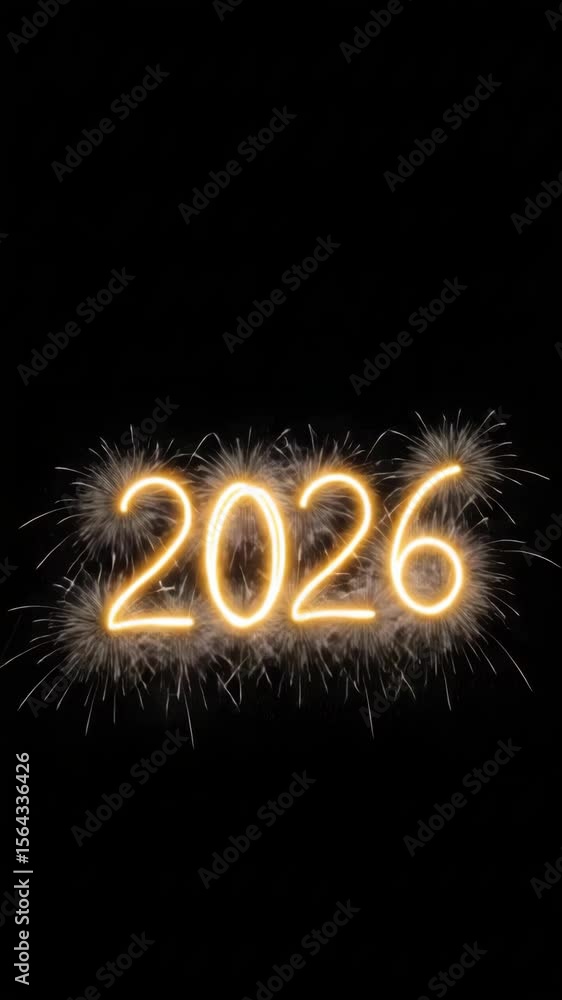 The numbers 2026 appear with sparkling light on a black background, representing new year celebration footage. The numbers 2026 appear with sparkling light on a black background, representing new year celebration footage.