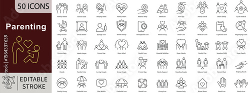 Parenting and Family Life Line Icons: Child Care, Love and Nurturing Vectors. Editable Stroke