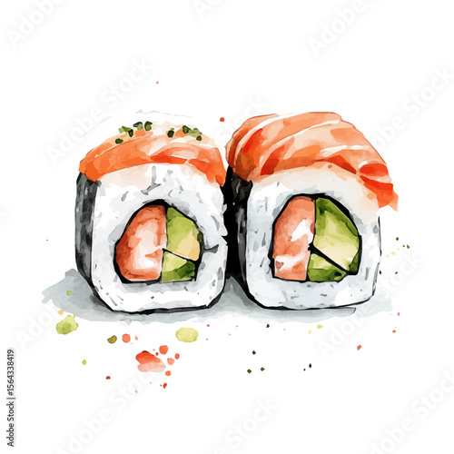My Watercolor illustration with sushi roll painting isolated on a white background, illustration, AI painting design, vector set, eps format, My illustration design, sea food
