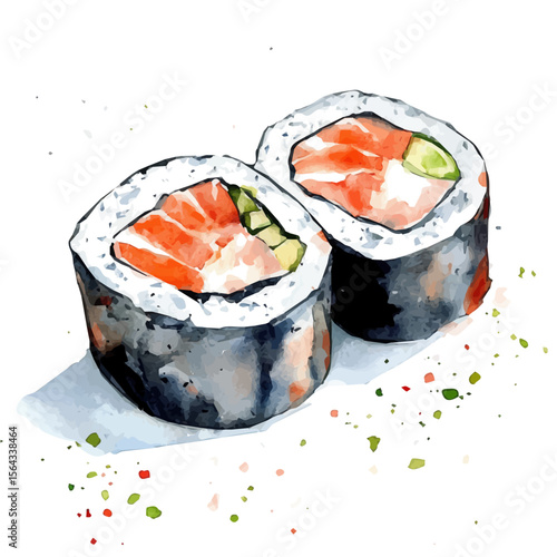 My Watercolor illustration with sushi roll painting isolated on a white background, illustration, AI painting design, vector set, eps format, My illustration design, sea food