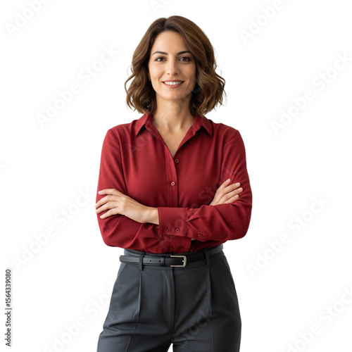 smiling professional confident pose, red shirt