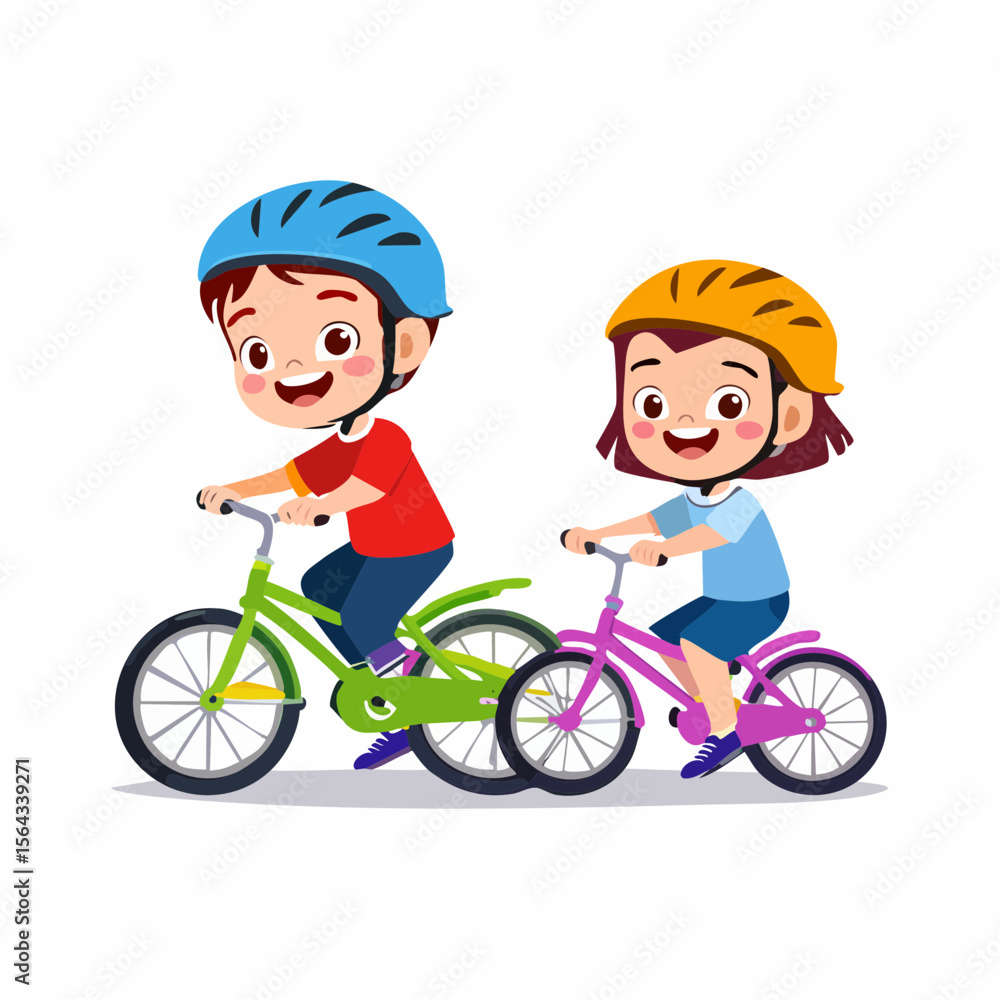 Fototapeta premium Happy Kids Riding Bikes Vector Illustration of Boy and Girl Cycling