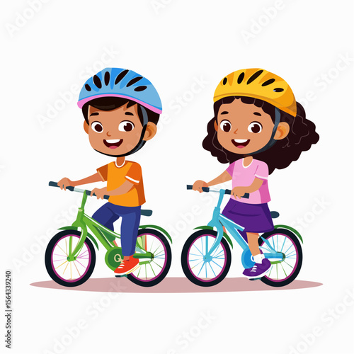 Happy Kids Riding Bikes Vector Illustration of Boy and Girl Cycling