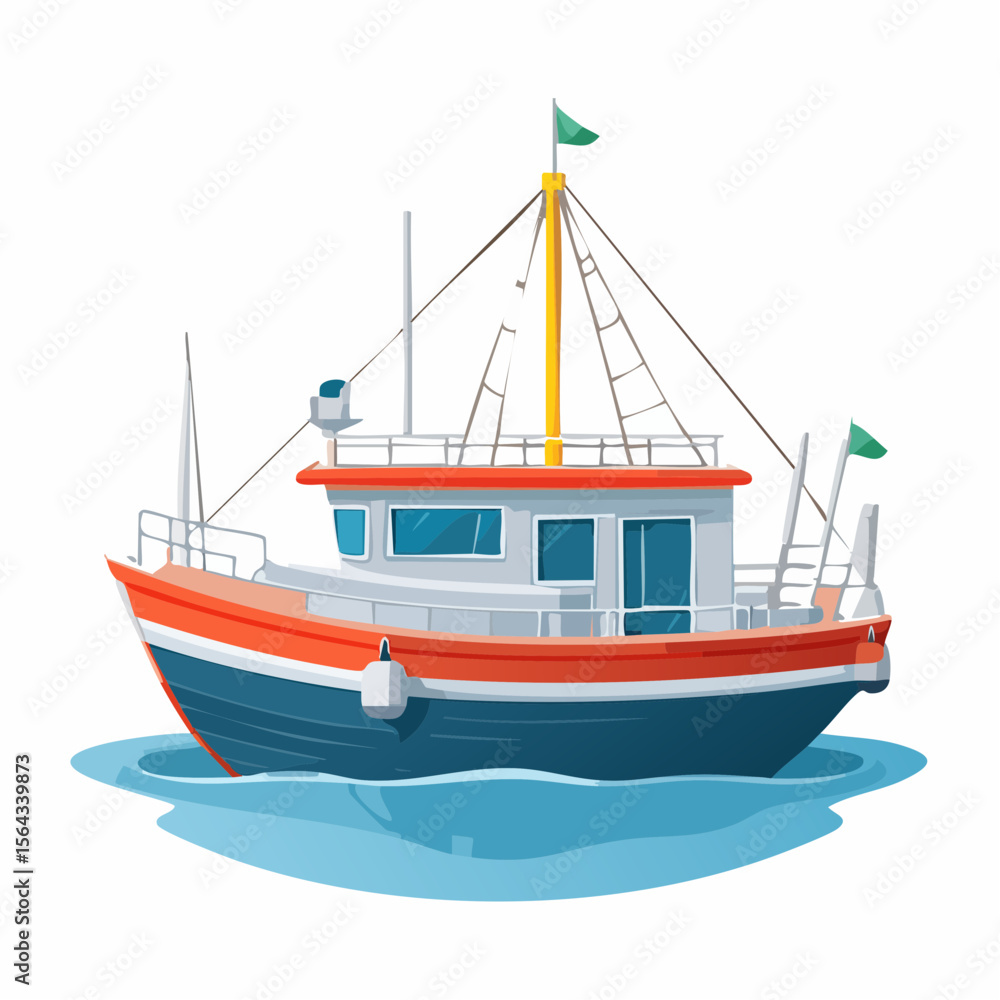A small fishing trawler floats serenely on calm blue water, its red and blue hull gleaming under a clear sky. A small fishing trawler floats serenely on calm blue water, its red and blue hull gleaming under a clear sky.