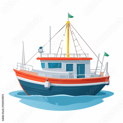 A small fishing trawler floats serenely on calm blue water, its red and blue hull gleaming under a clear sky.