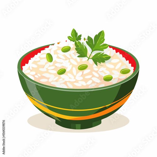 A vibrant illustration of a green bowl filled with cooked rice, garnished with green peas and parsley.